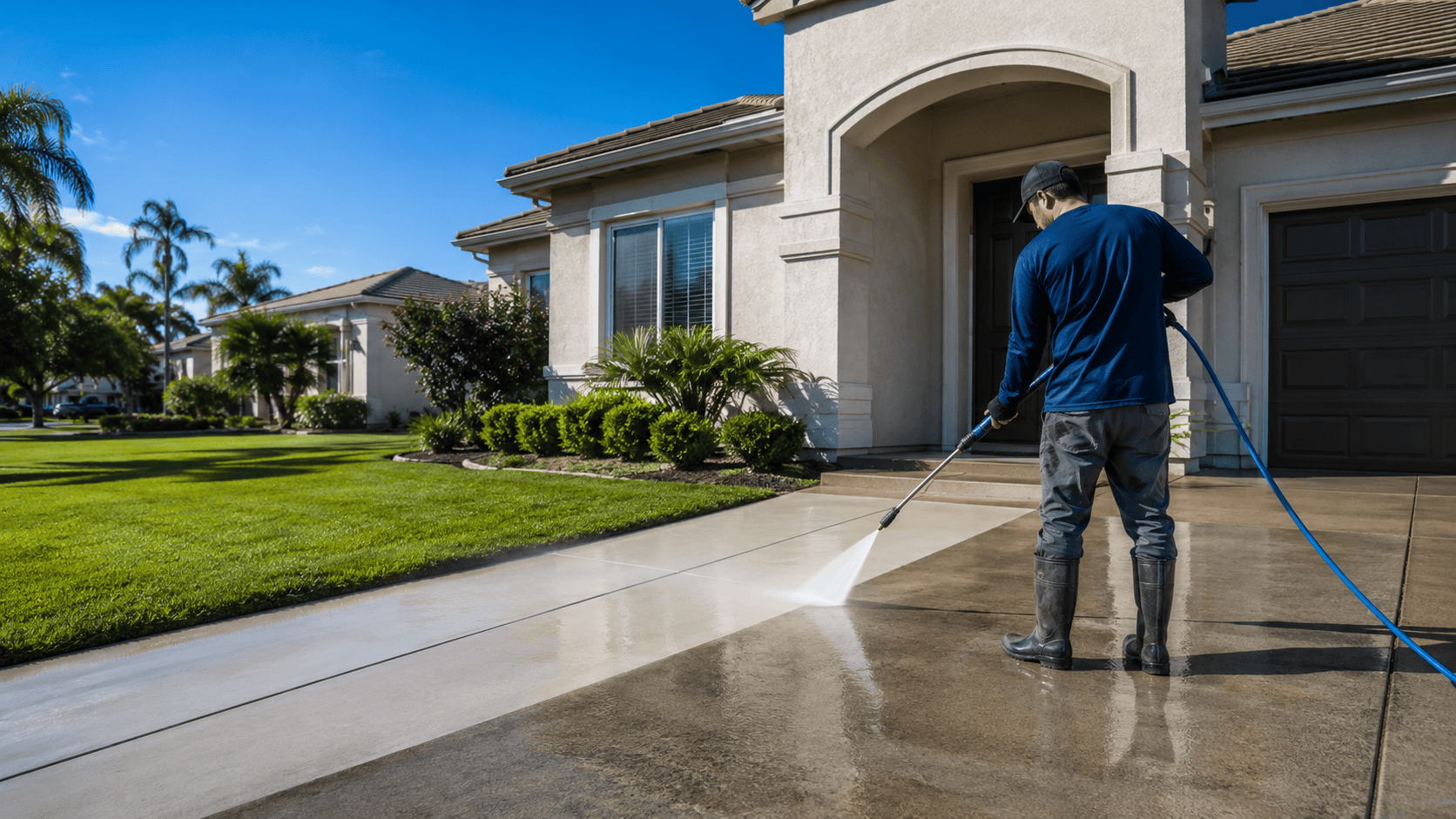 A pressure-washing professional cleaning a residential driveway