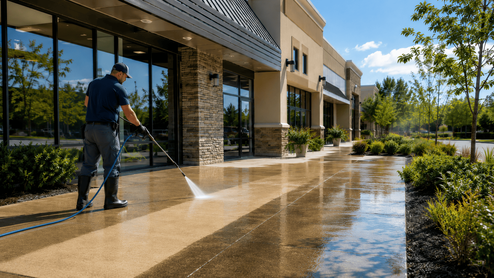 A pressure-washing professional cleaning a commercial walkway