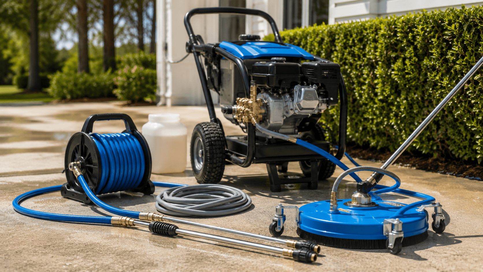 Professional pressure-washing equipment arranged for service